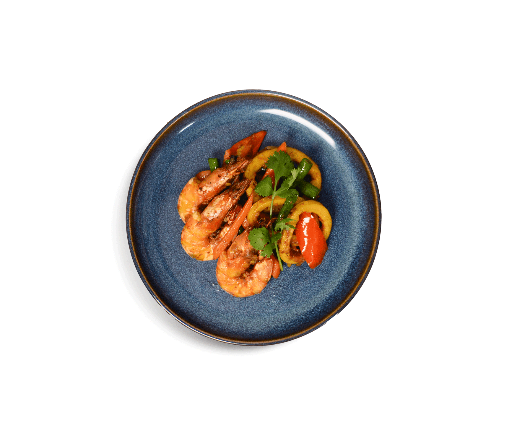 idocatering aromatic tumeric seafood dish served on blue plate 2