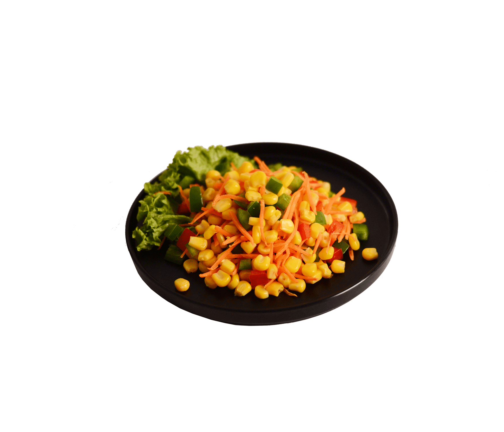 creamy sweet corn salad dish served on black plate by idocatering