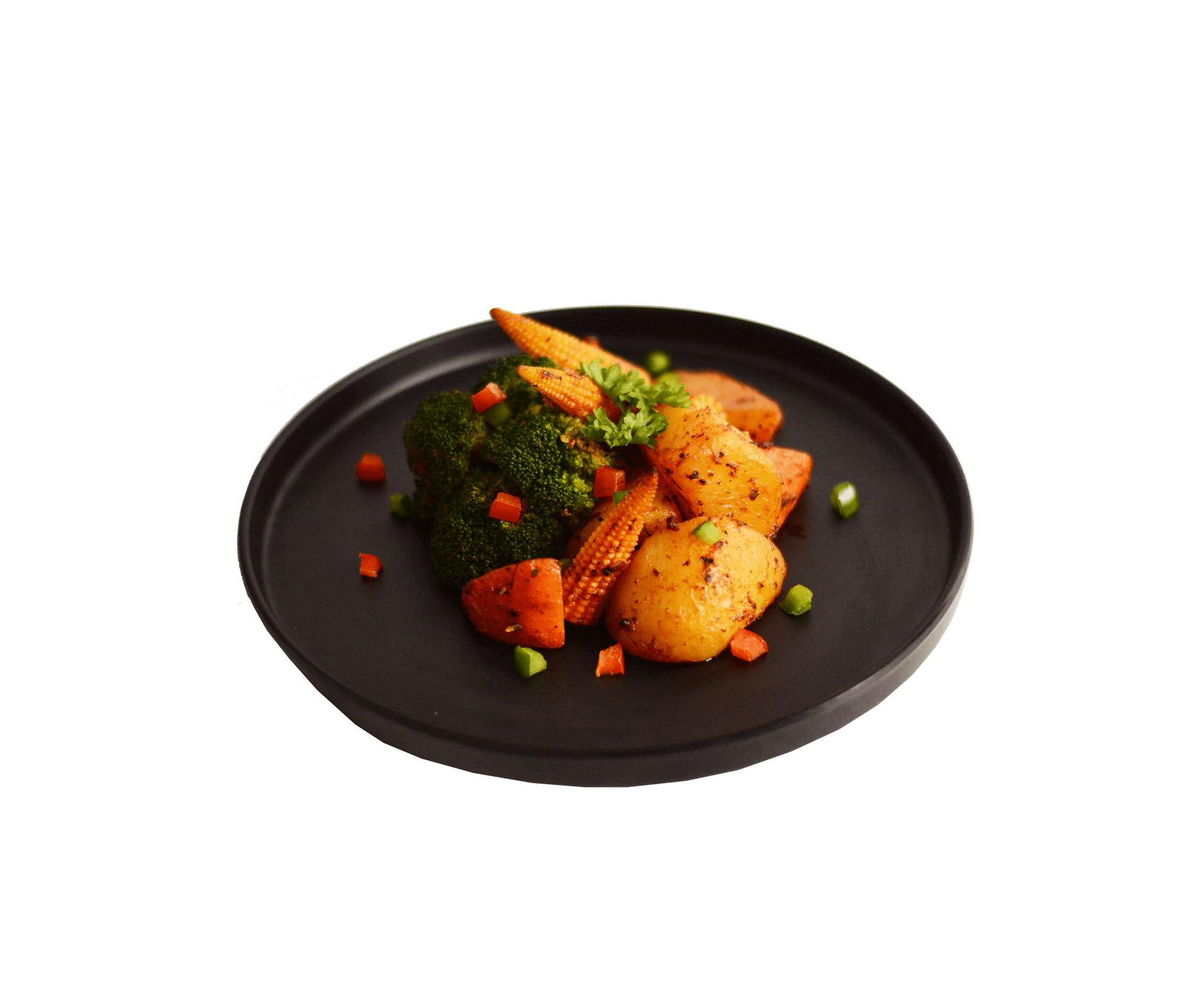 idocatering croasted veggie glow bowl served on black plate for catering event