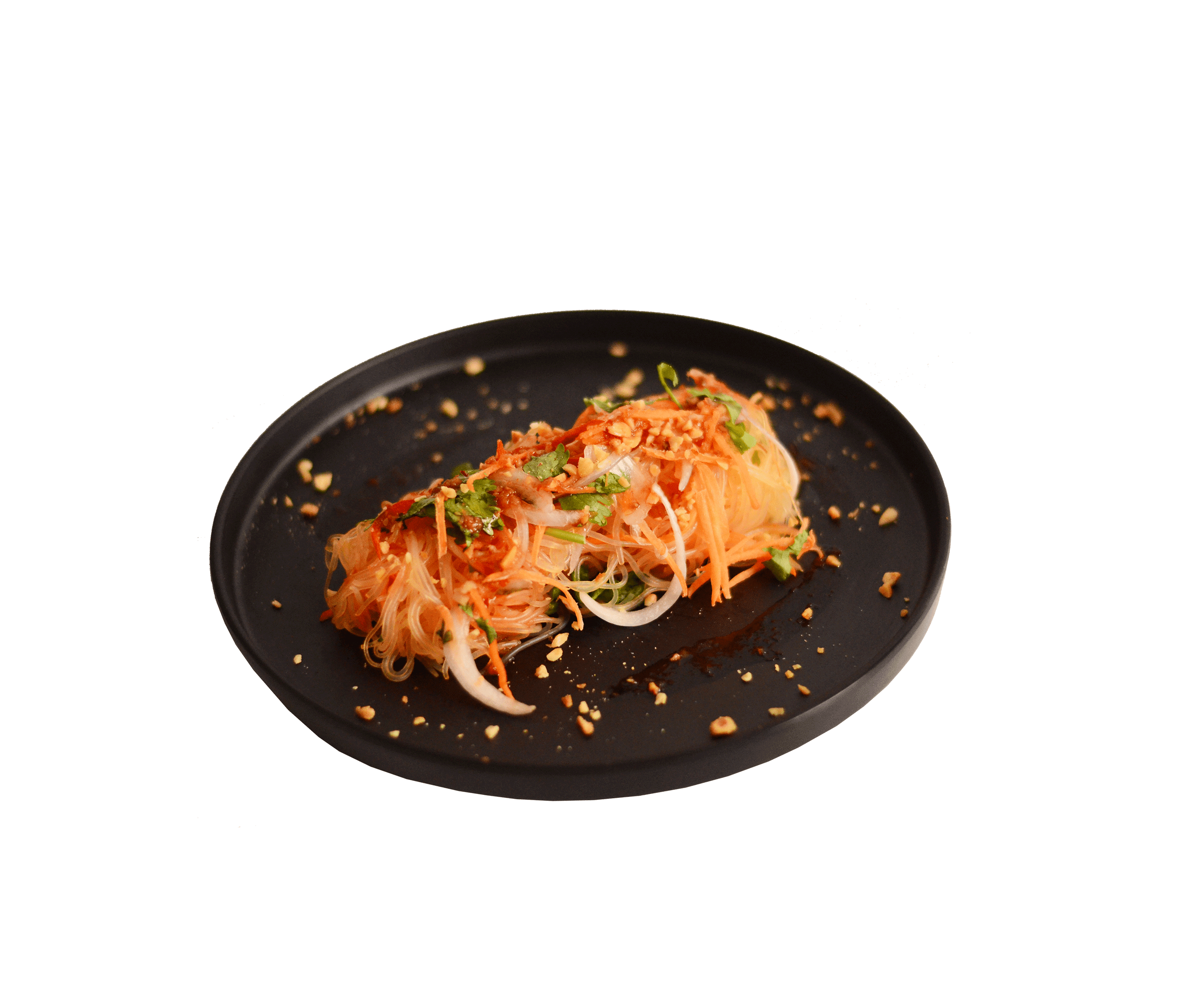 stir fried glass noodles served on black plate by idocatering