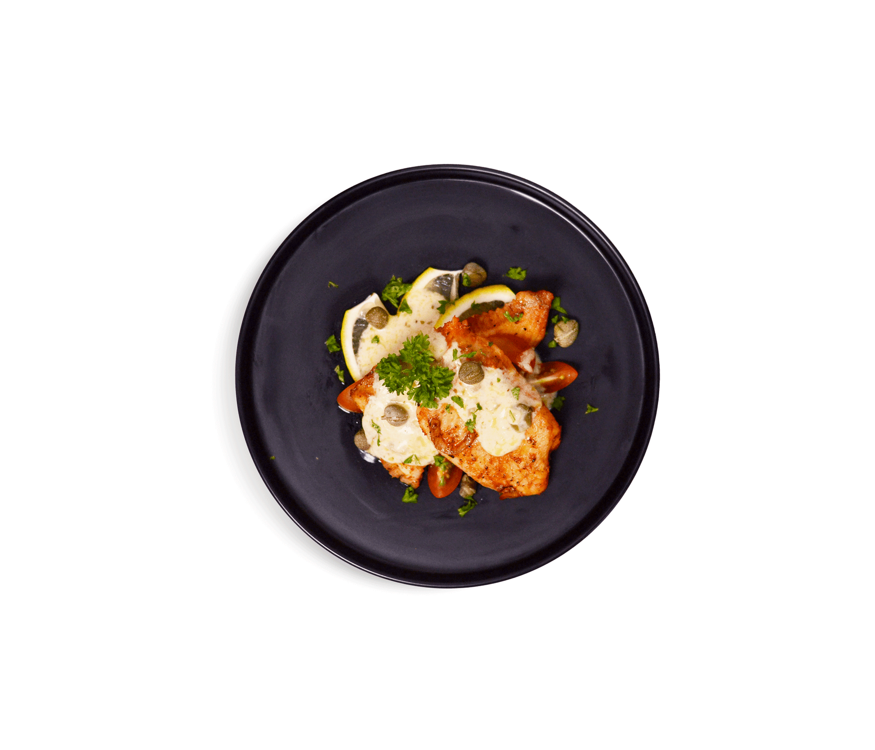 burn butter baked fish fillet dish served on black plate by idocatering