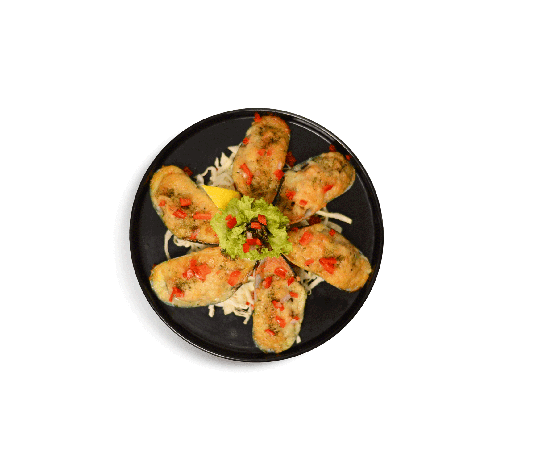 idocatering stuffed baked garlic mussels dish served on black plate for a catering event