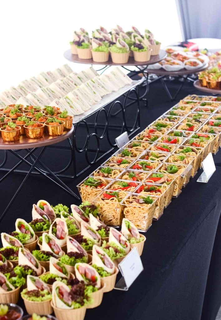 Smoke Duck Tortilla wraps and pasta in cups for a catering event by idocatering 1